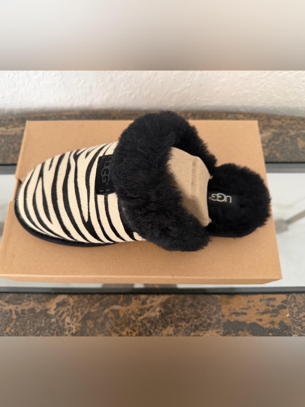 UGG Women's Zebra Shearling Mule Slippers - Black & White